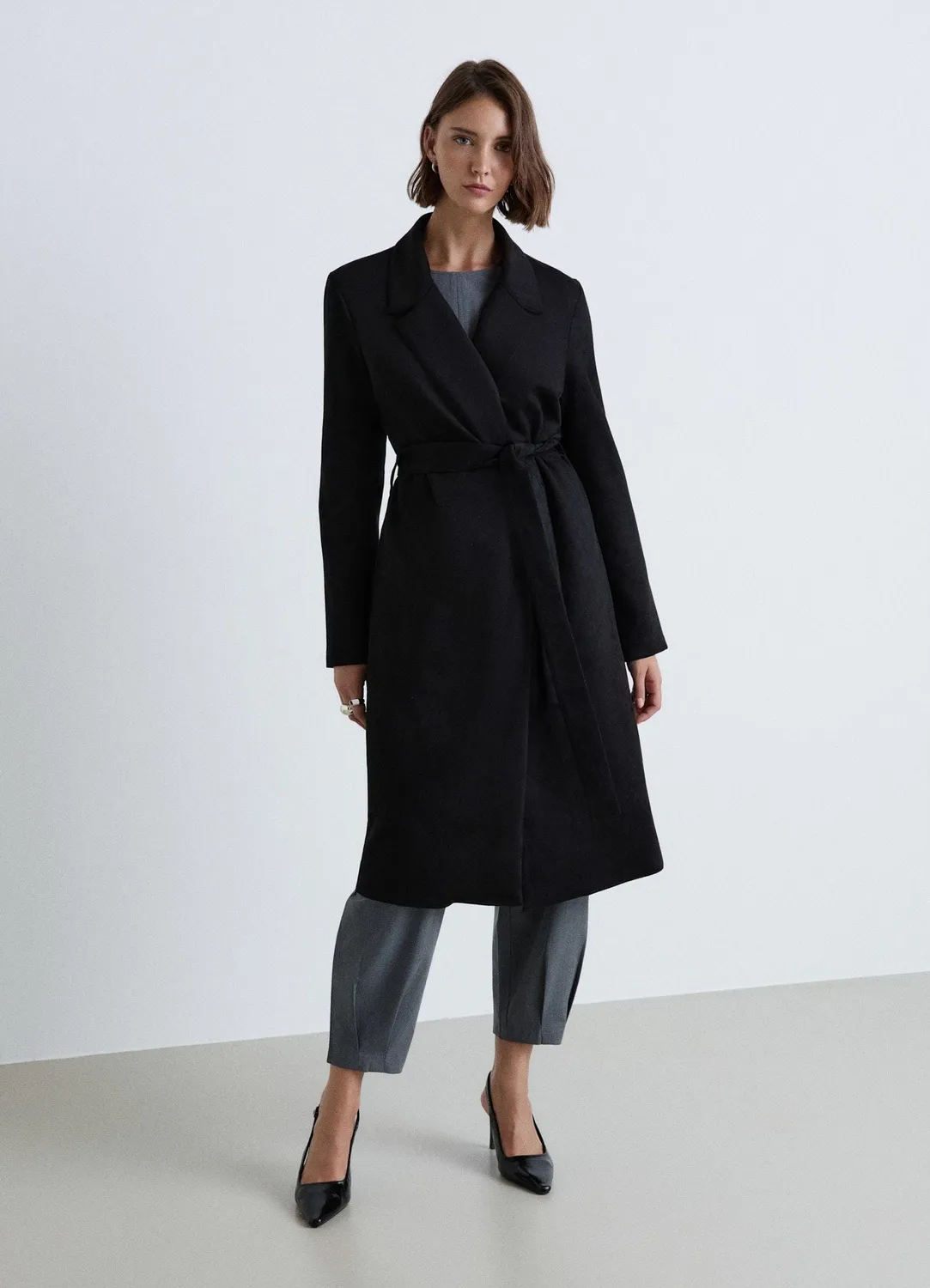 Calliope Manteau Long Uni femme avec ceinture à nouer