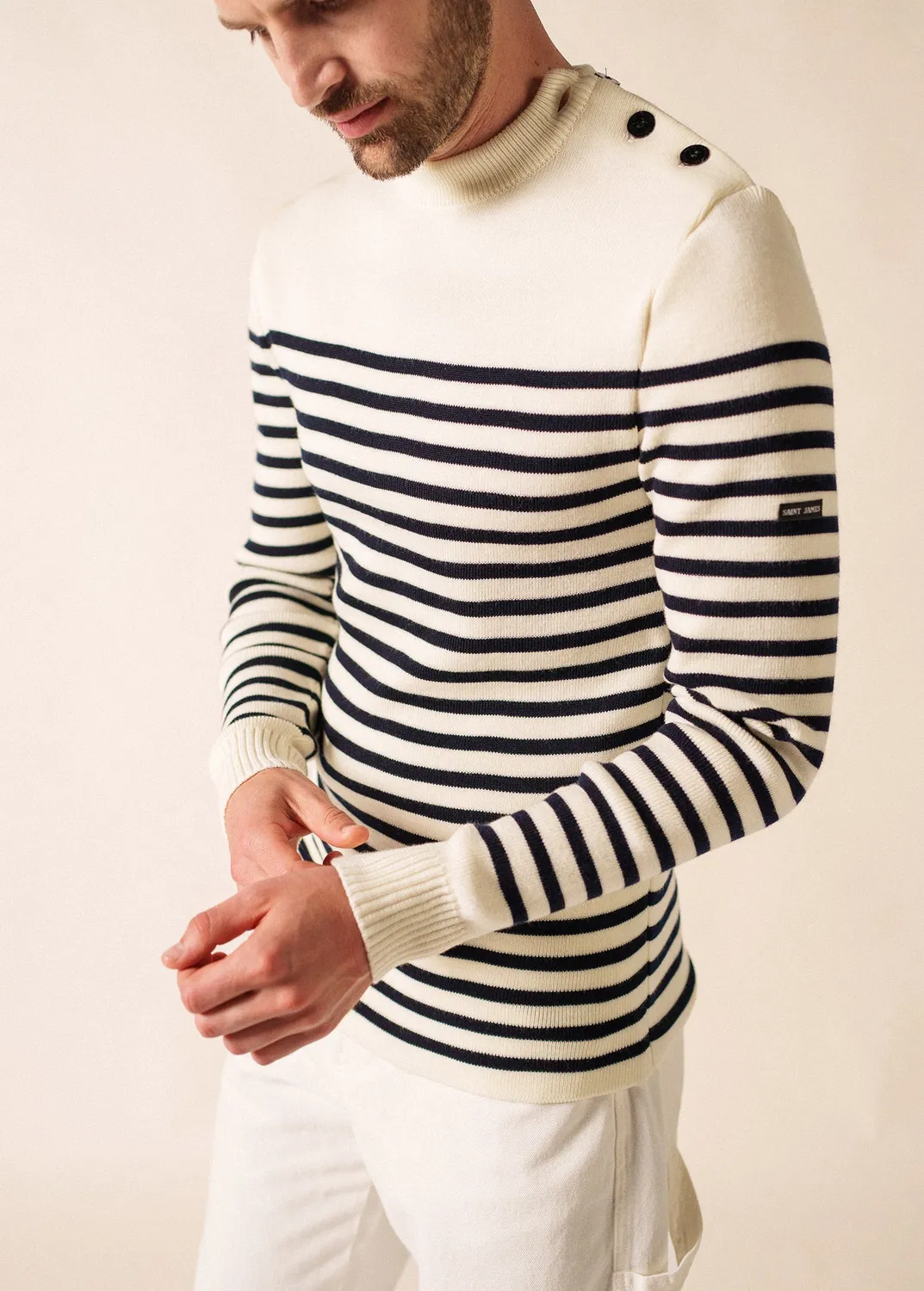 Saint James Rochefort pull marin rayé écume navy laine mérinos