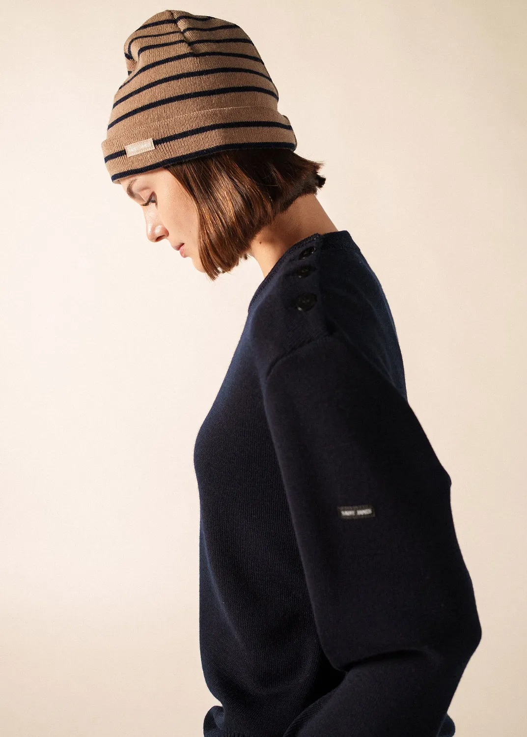 Saint James bonnet de quart beige foncé/marine laine