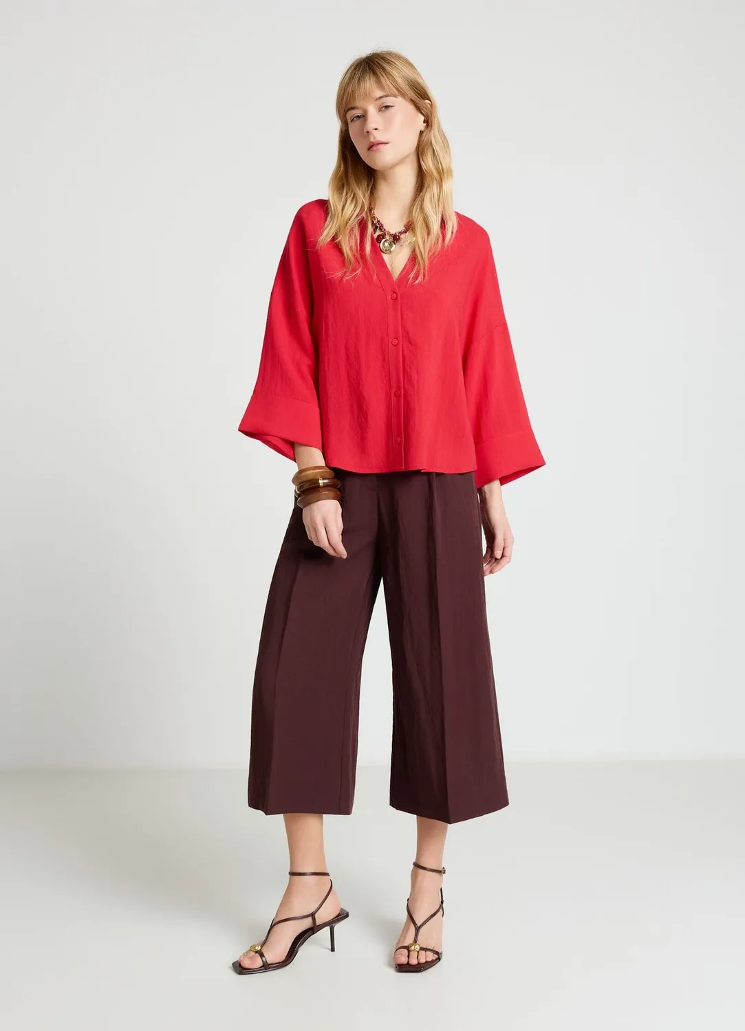 Calliope Pantalon palazzo crop femme taille haute uni