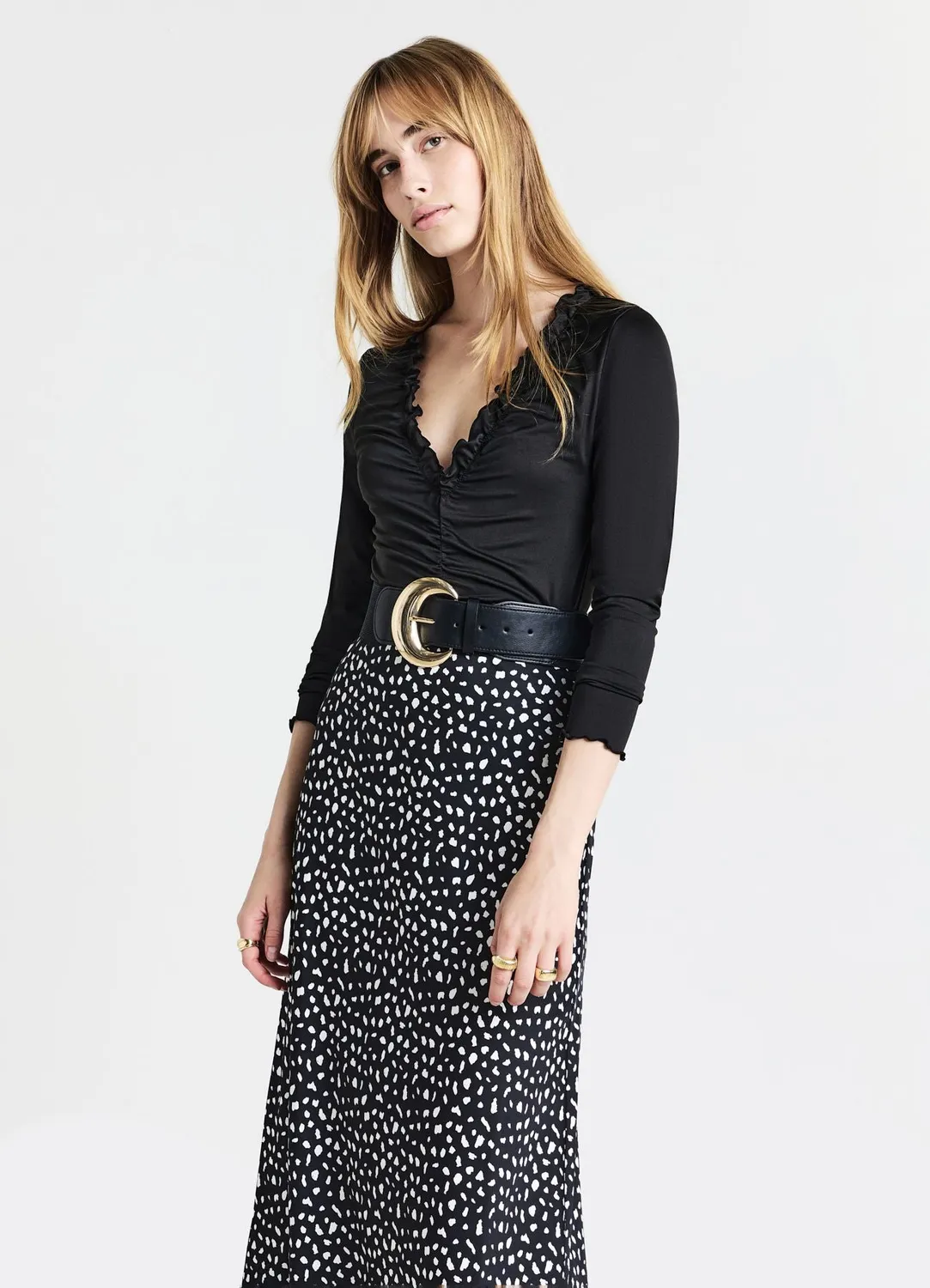 Calliope Body col V volant femme manches longues froncées