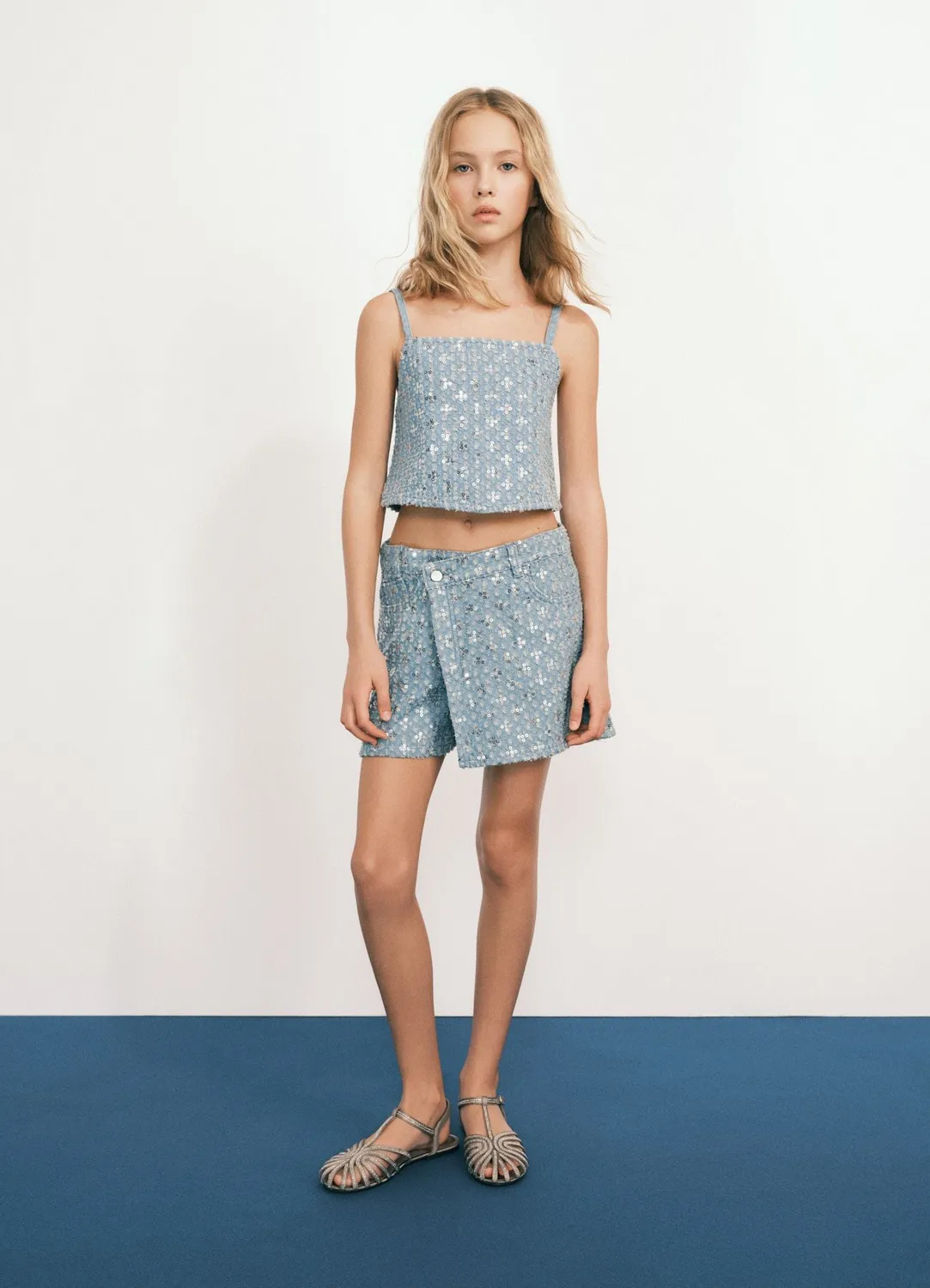Calliope mini-jupe jean fille sequins fleurs