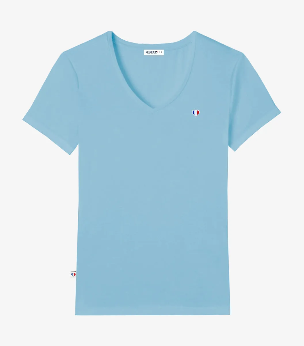 Cocorico Iconique T-shirt col V femme ciel coton
