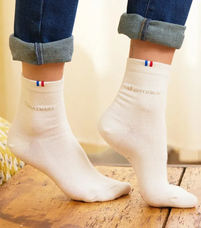 Cocorico Maman d'Amour chaussettes femme blanc coton