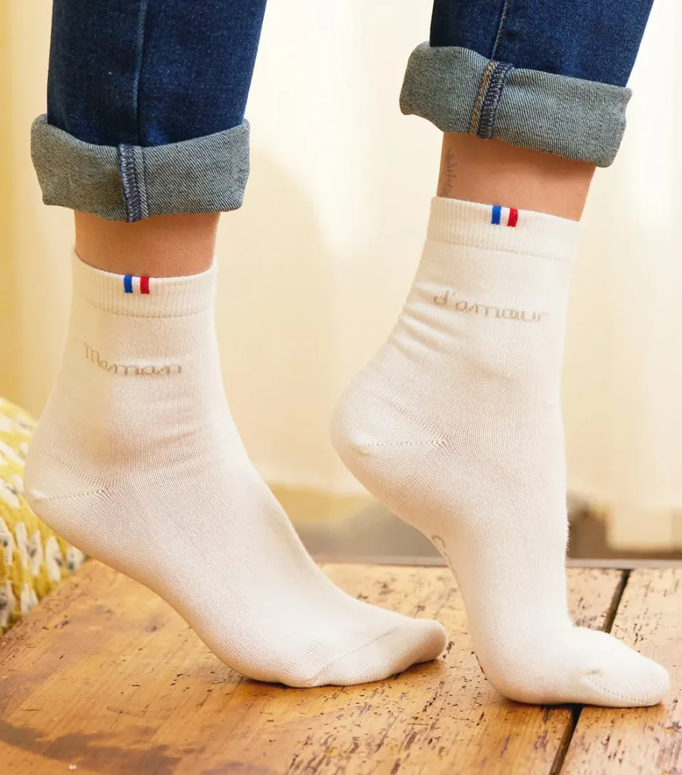 Cocorico Maman d'Amour chaussettes femme blanc coton