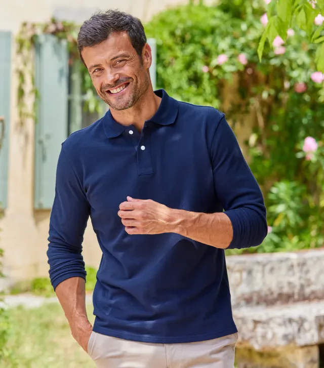 Cocorico Intemporel polo homme manches longues marine piqué
