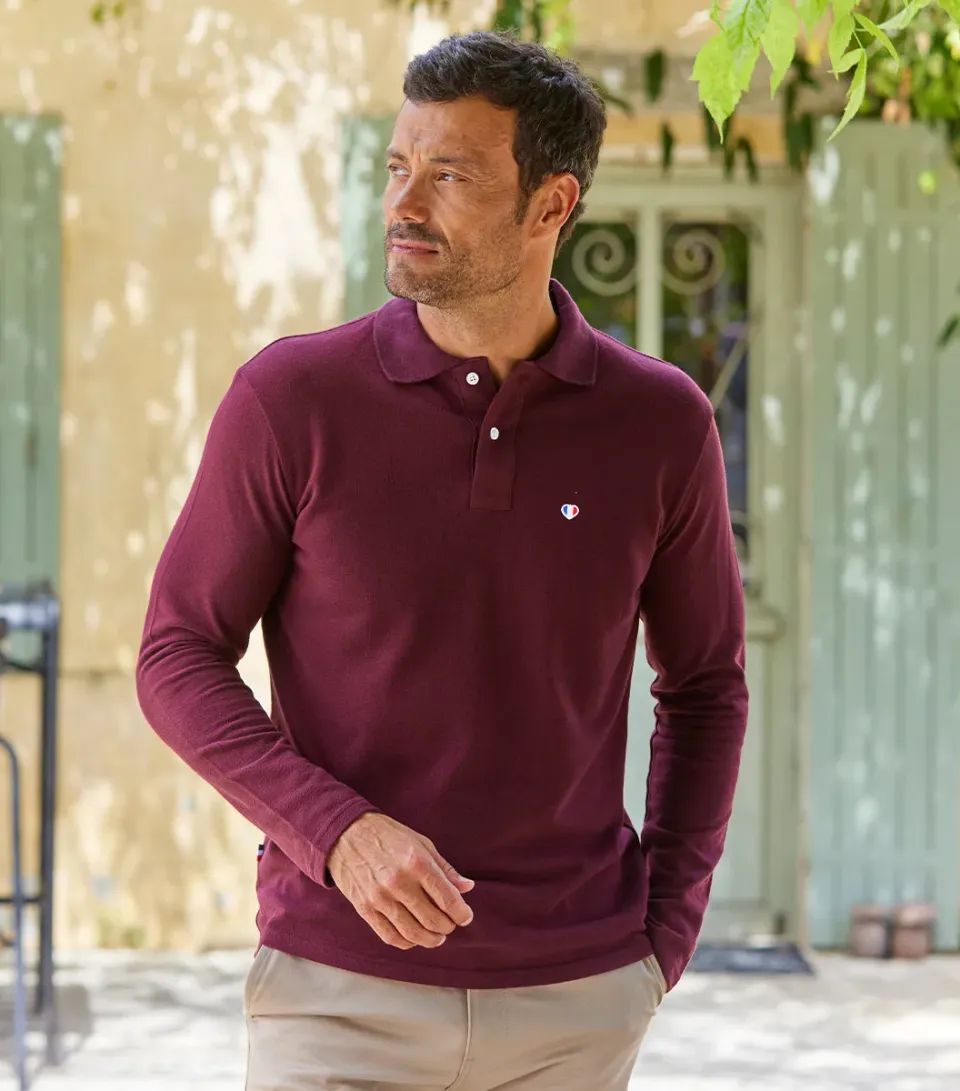 Cocorico Iconique Polo Manches Longues Homme Bordeaux piqué