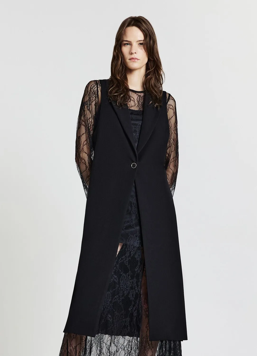 Calliope gilet long plisse femme sans manches bouton unique