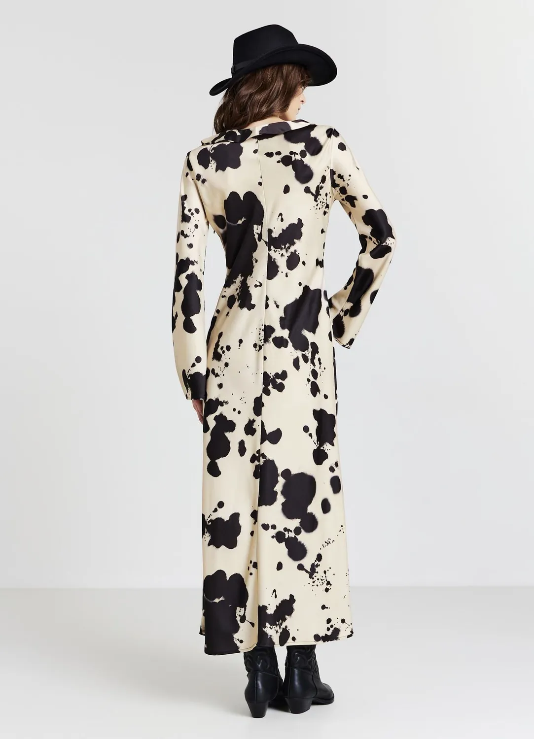 Calliope robe longue femme satin volants imprimée