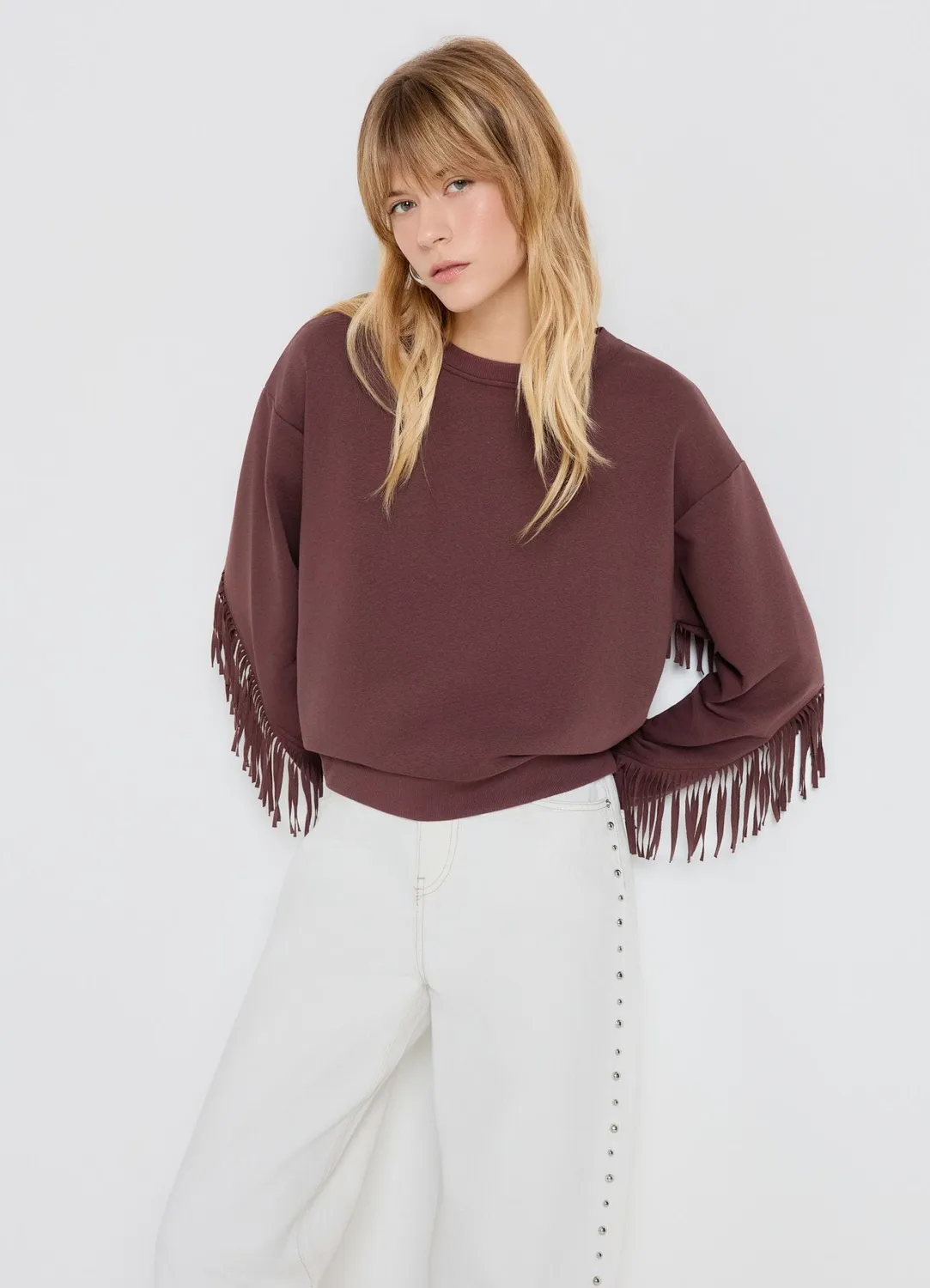 Calliope sweat femme col rond franges bohème