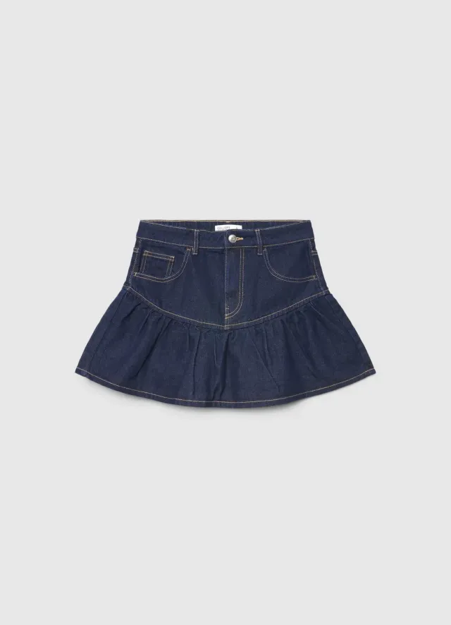 Calliope Jupe-short femme denim à volant taille haute