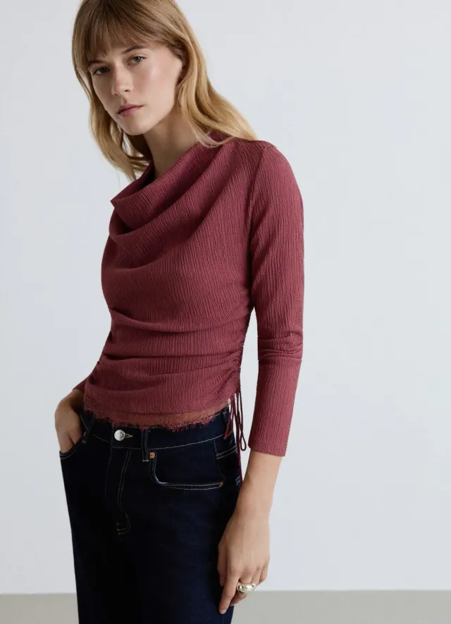 Calliope t-shirt manches longues col drapé dentelle