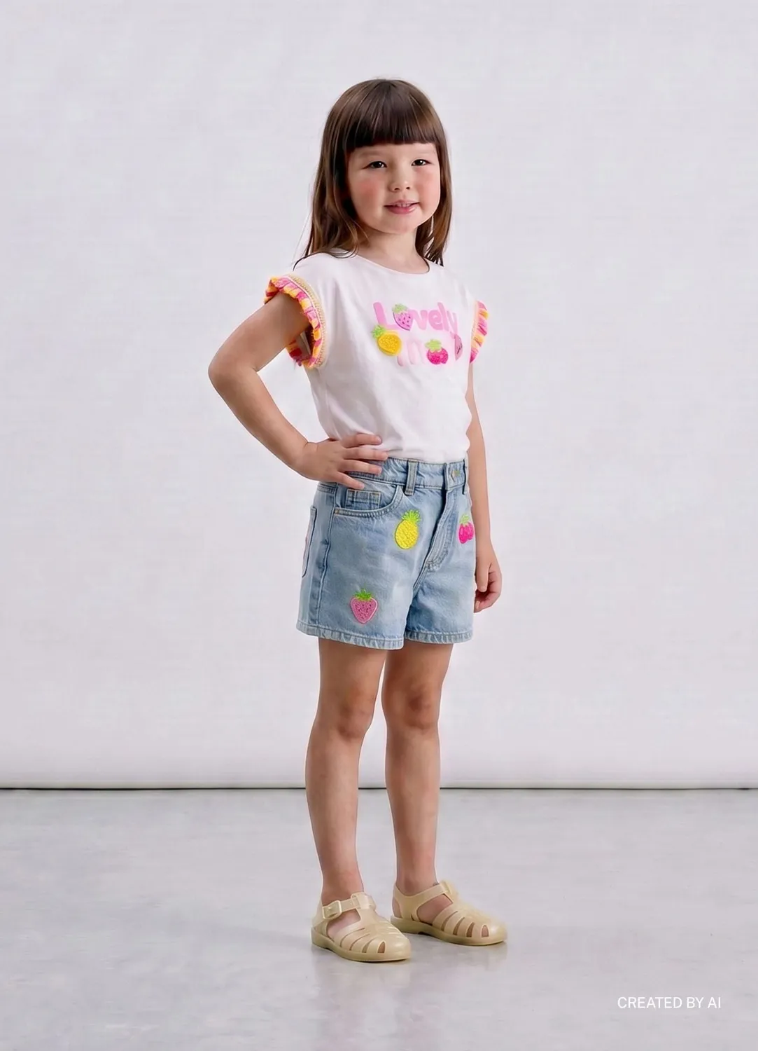 Calliope Short jean fille patch fruits taille haute