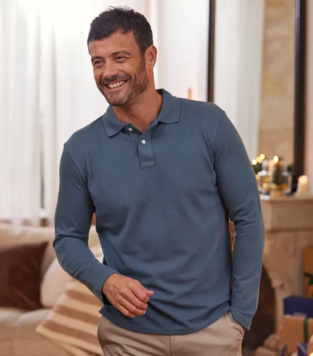 Cocorico Intemporel Azur polo homme manches longues coton