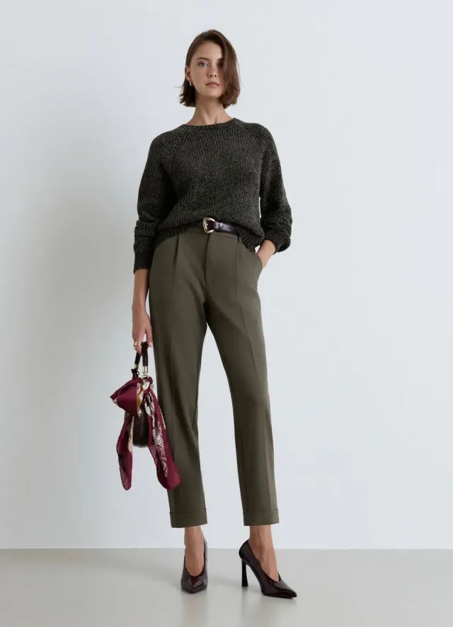 Calliope Pantalon femme droit taille haute à revers