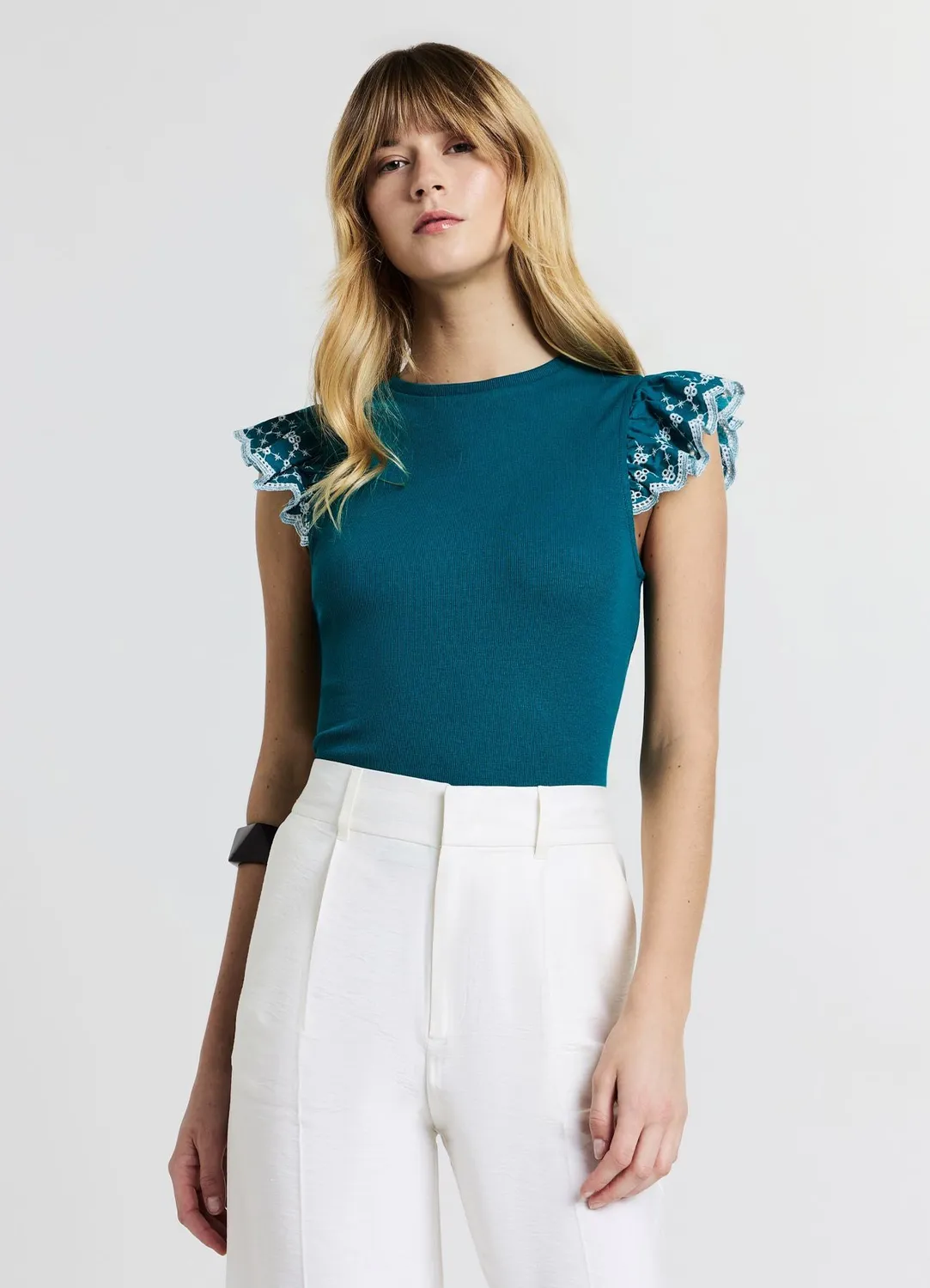 Calliope t-shirt côtelé femme volants manches courtes