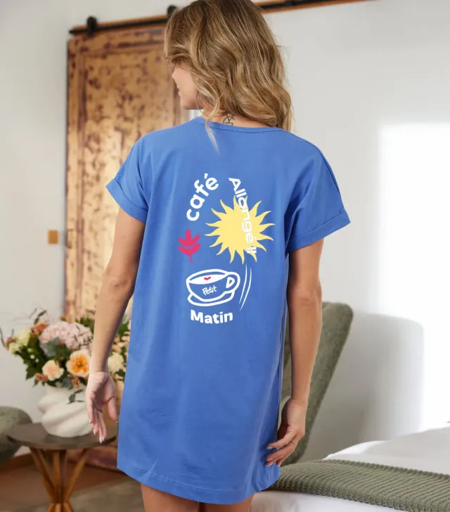 Cocorico Petit Matin robe de nuit femme bleu riviera coton