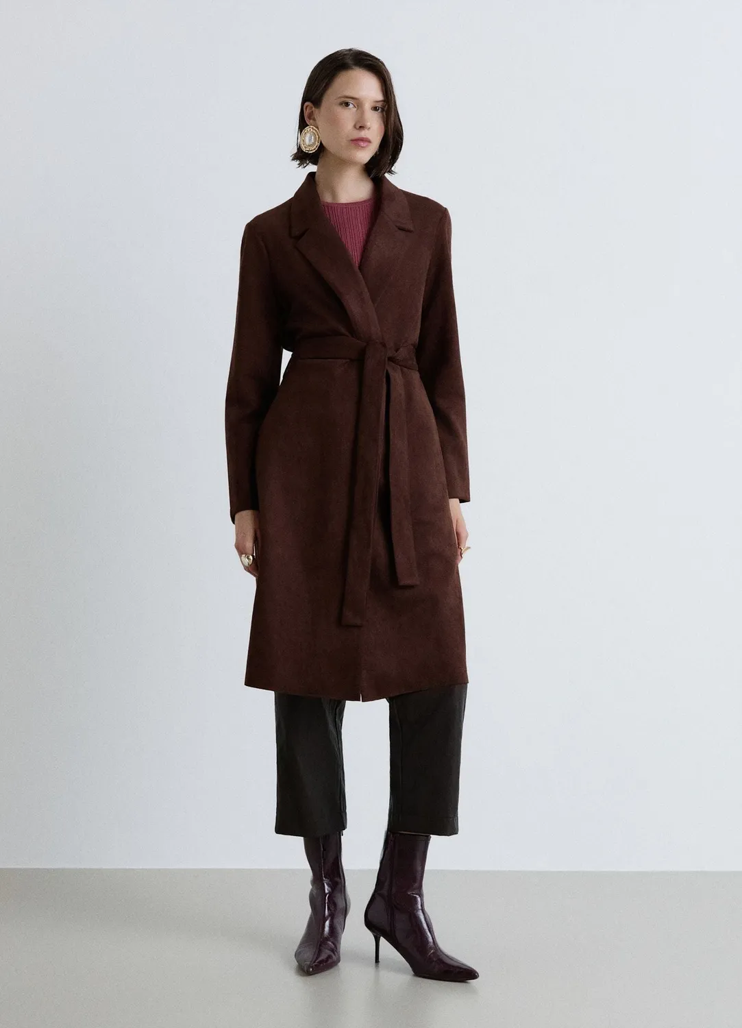Calliope manteau femme effet suède long à ceinture