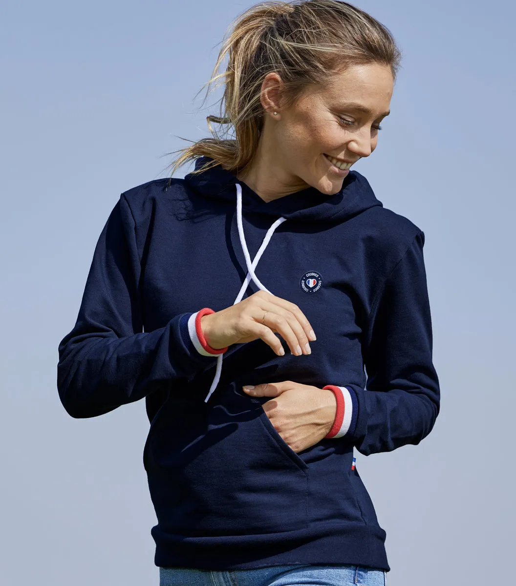 Cocorico Supporter Blason sweat capuche femme marine coton