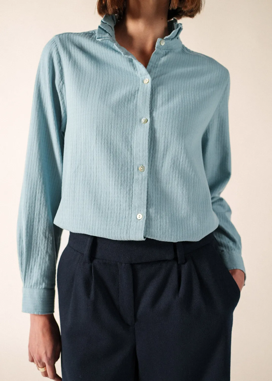 Saint James Lucinda chemise coton céleste col montant