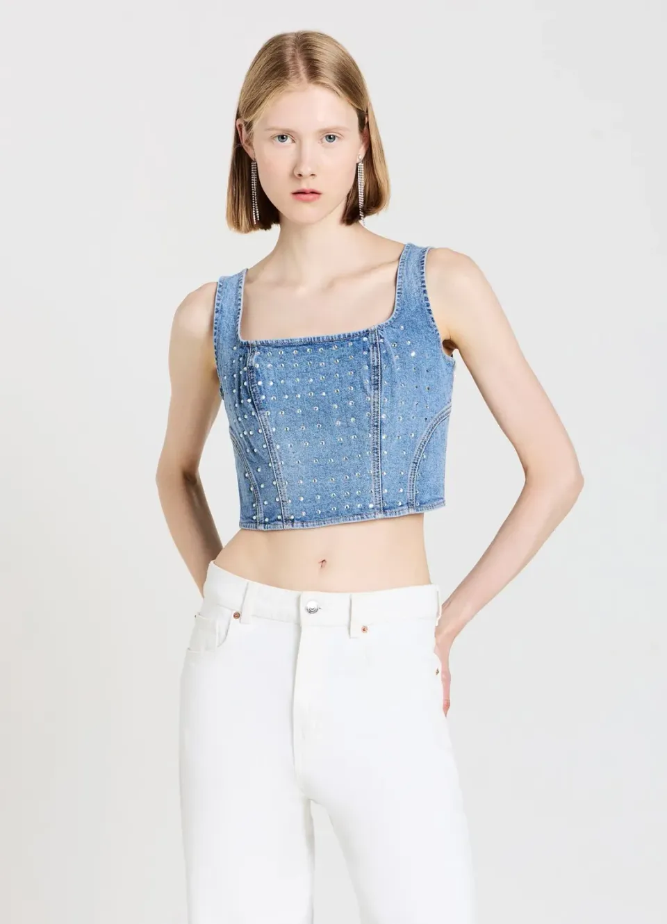 Calliope top crop denim strass bretelles larges