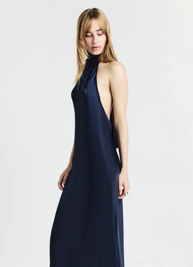 Calliope robe longue halterneck effet satiné unie