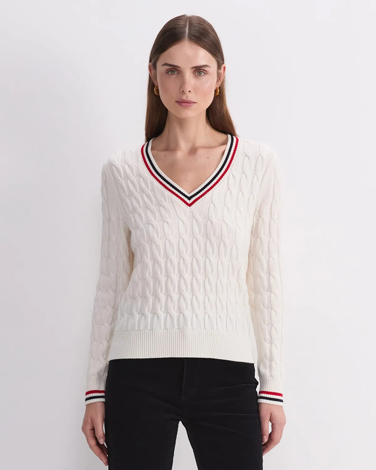 SportsCraft Merino Cable pull col V laine extra-fine femme