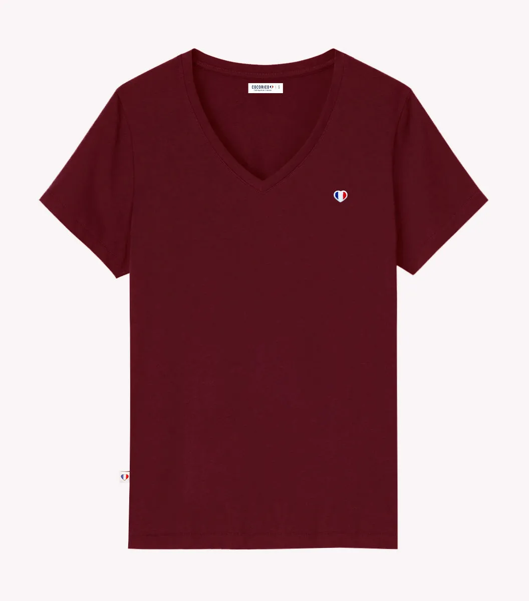Cocorico Iconique t-shirt col V femme bordeaux coton