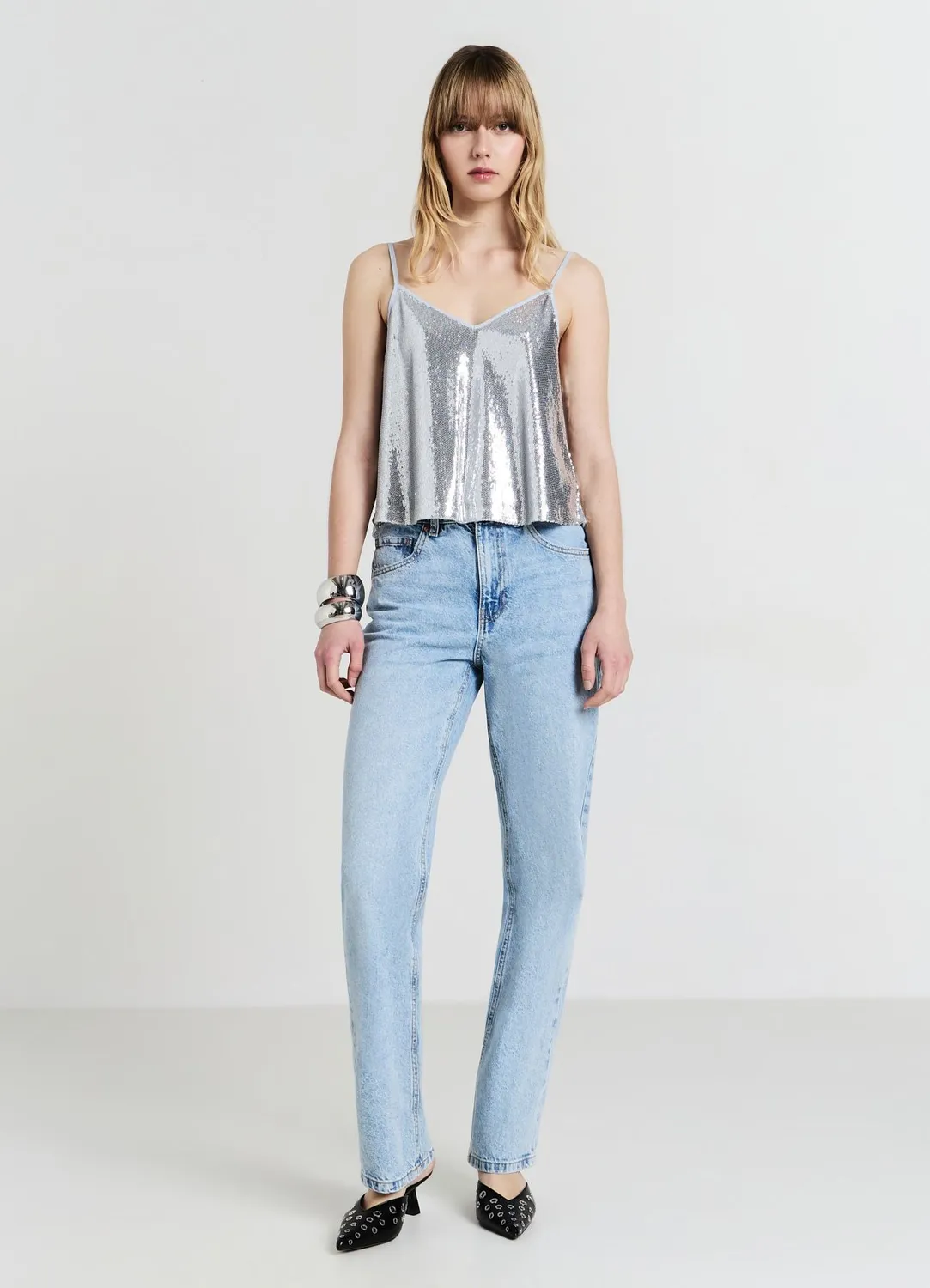 Calliope top femme évasé paillettes fines