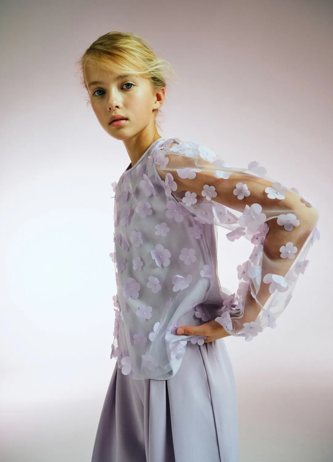 Calliope chemise fille fleurs 3D manches tulle