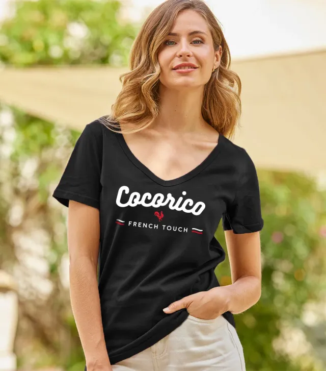 Cocorico French Touch t-shirt col V femme noir coton