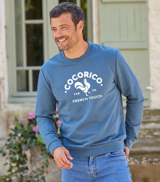 Cocorico Sweat Homme Azur Coq Français Coton