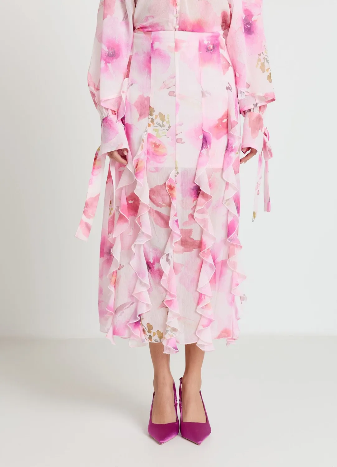 Calliope jupe midi femme fleurs à volants fluide