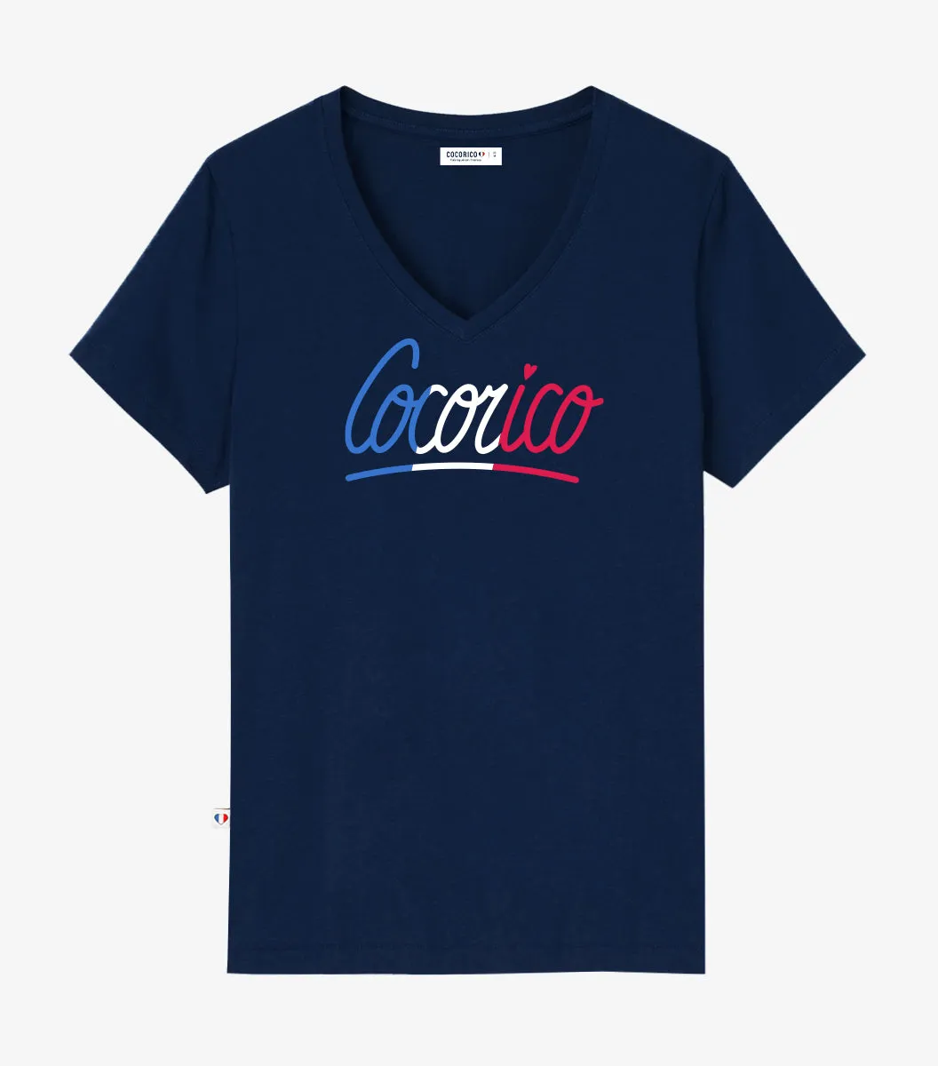 Cocorico Emotion t-shirt femme marine col V coton