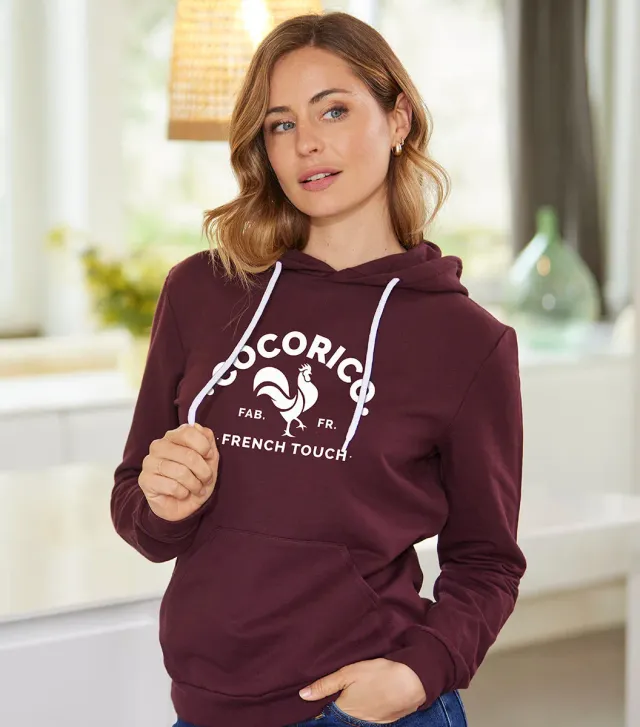 Cocorico Coq Français sweat à capuche femme bordeaux coton