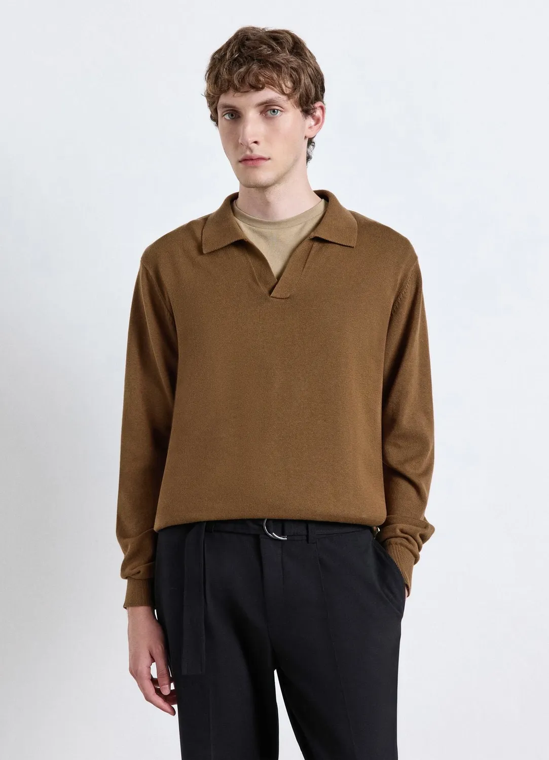 Calliope polo homme col V manches longues uni