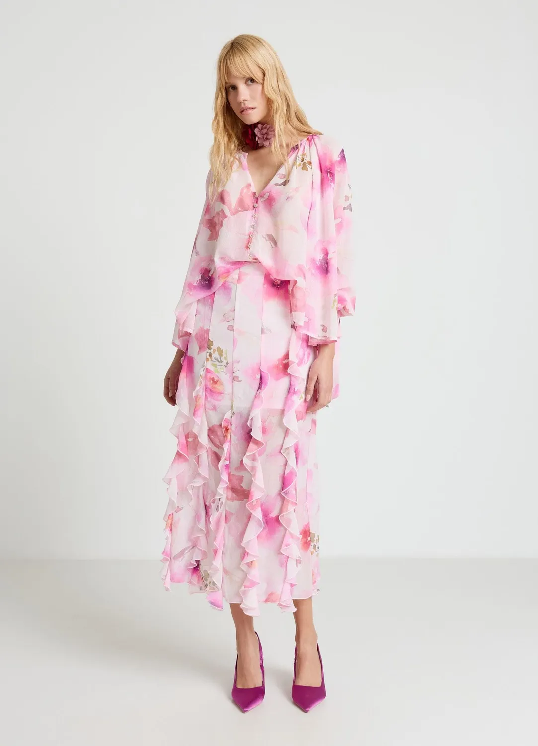 Calliope jupe midi femme fleurs à volants fluide