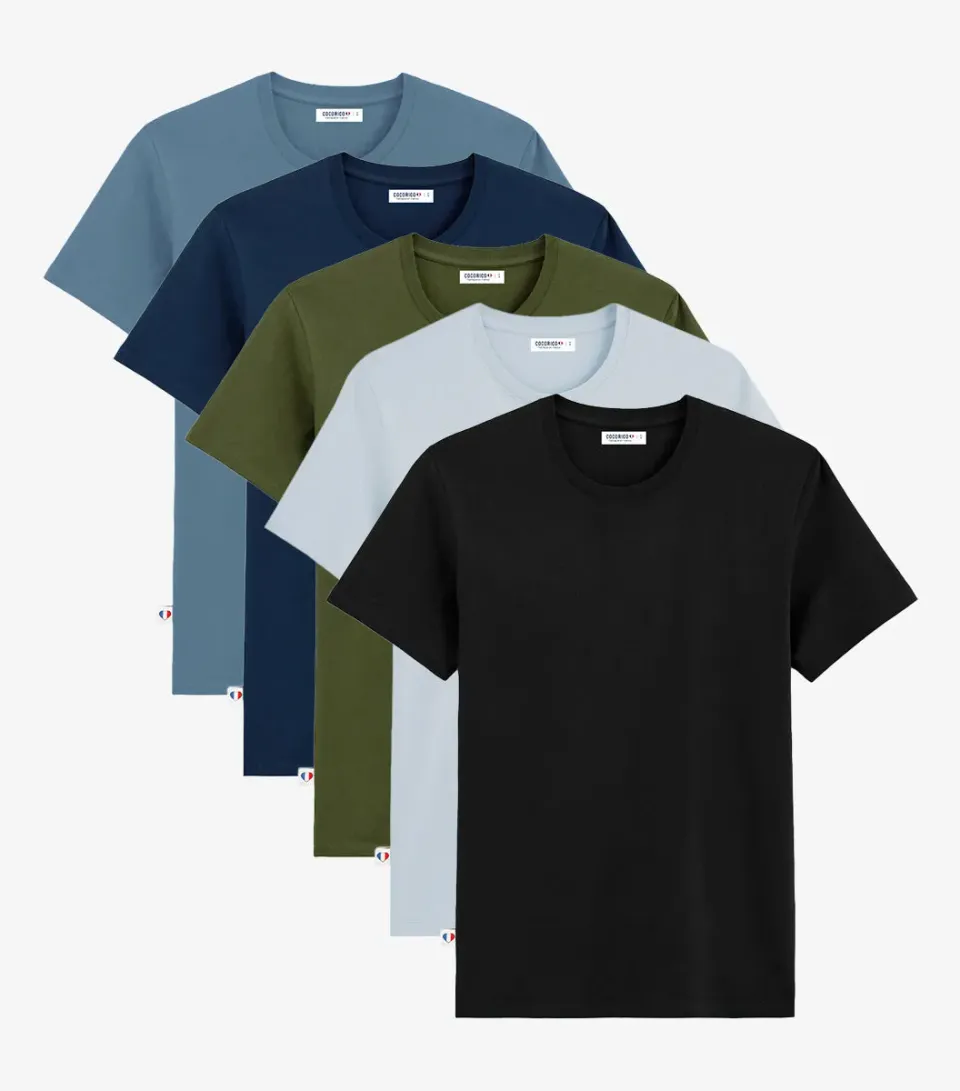 Cocorico Pack Marine/Noir/Kaki/Ciel/Azur T-shirt Homme x5 Coton