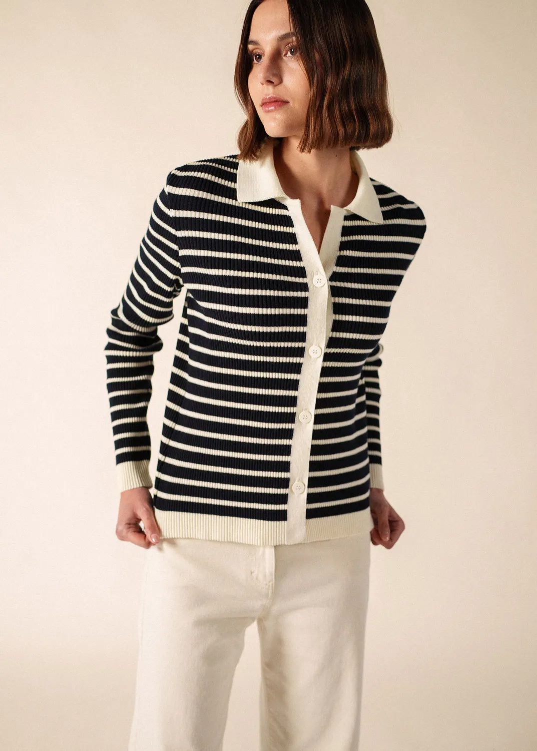 Saint James Equainville gilet navy/écume laine rayé