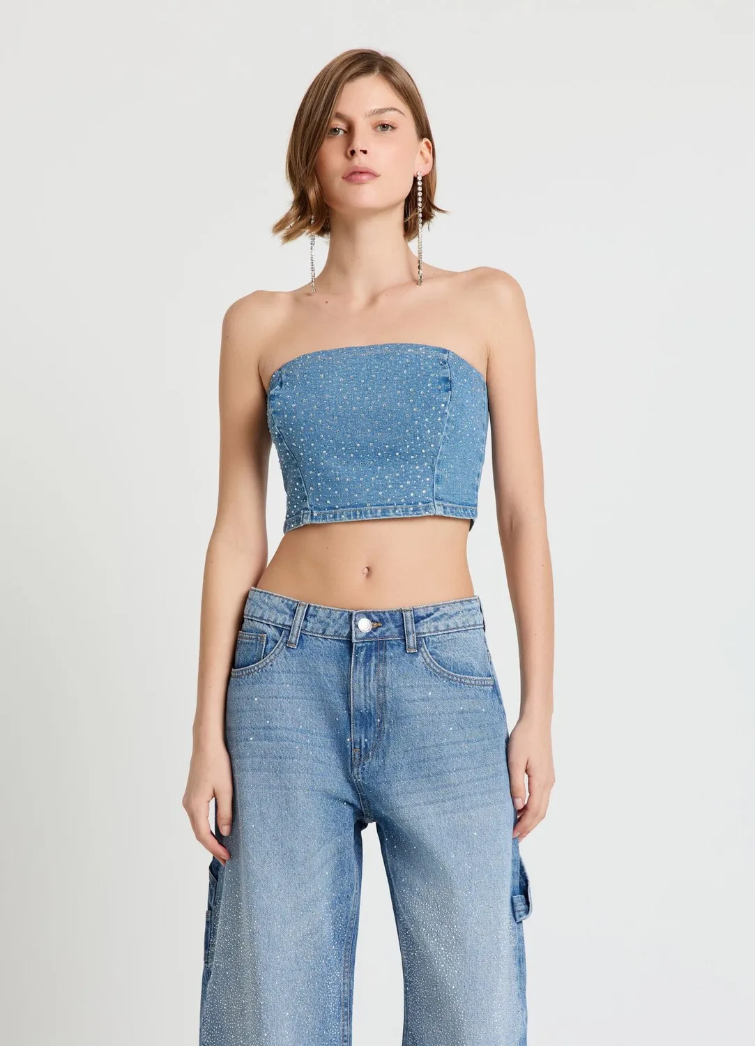 Calliope top bandeau femme denim uni à strass