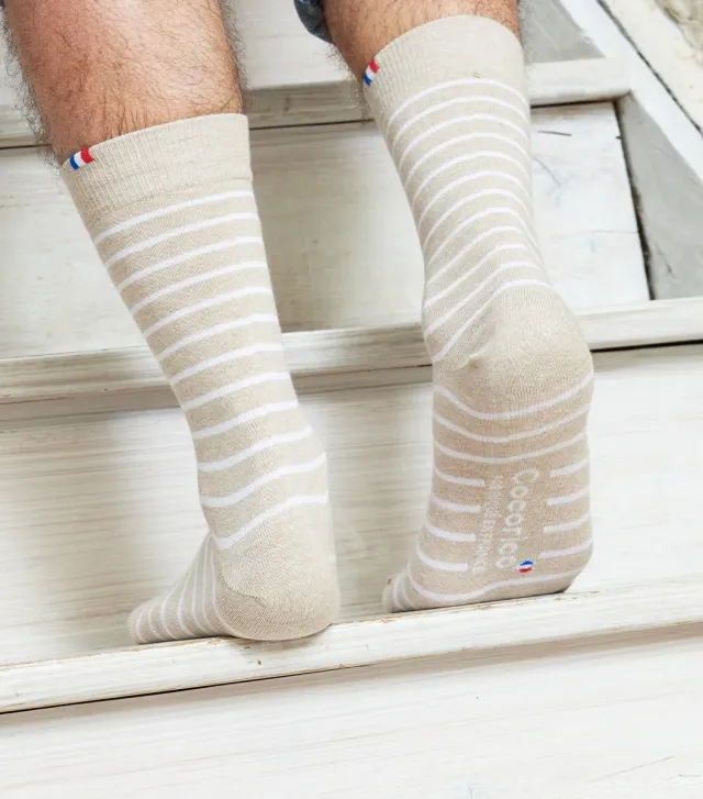 Cocorico Rayées chaussettes homme beige coton