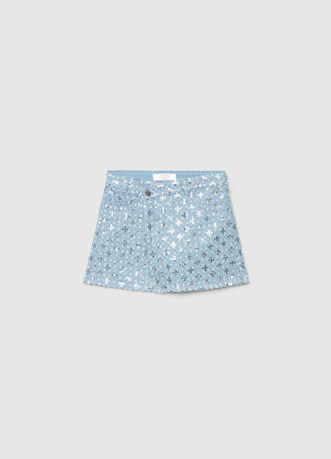 Calliope mini-jupe jean fille sequins fleurs