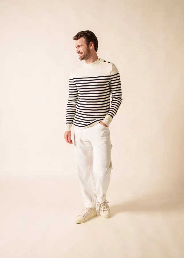 Saint James Rochefort pull marin rayé écume navy laine mérinos