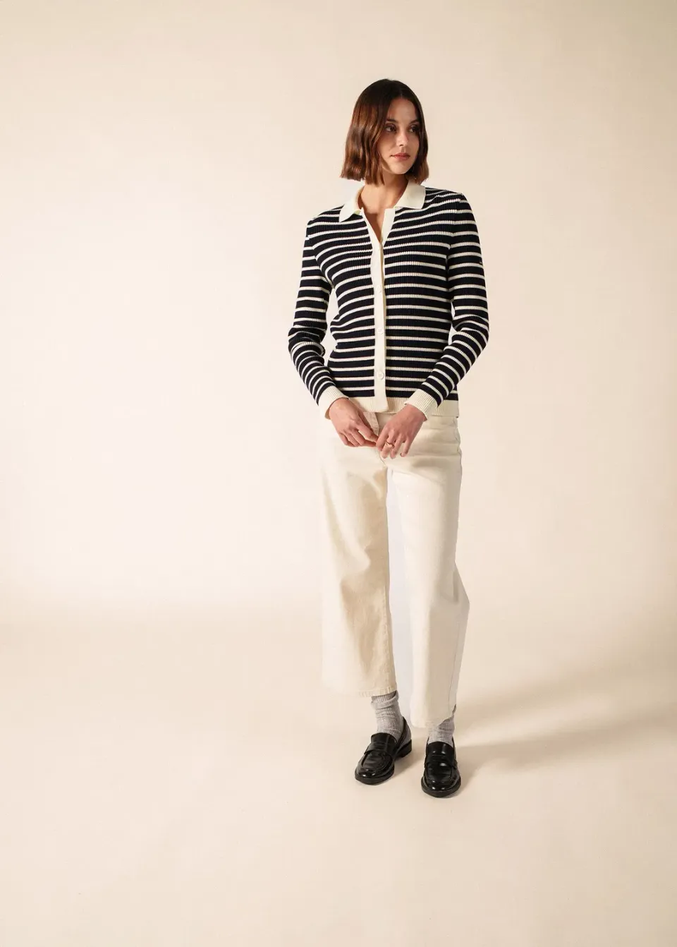 Saint James Equainville gilet navy/écume laine rayé