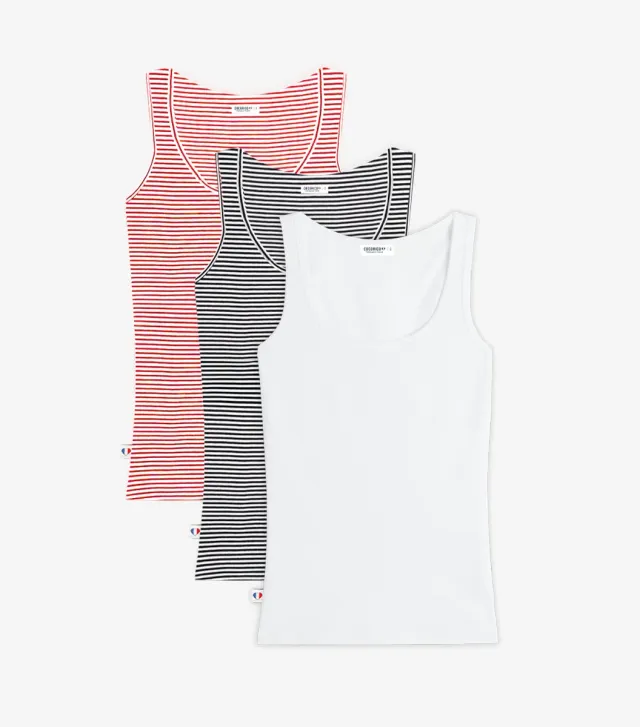 Cocorico Pack débardeur femme x3 marinière blanc coton