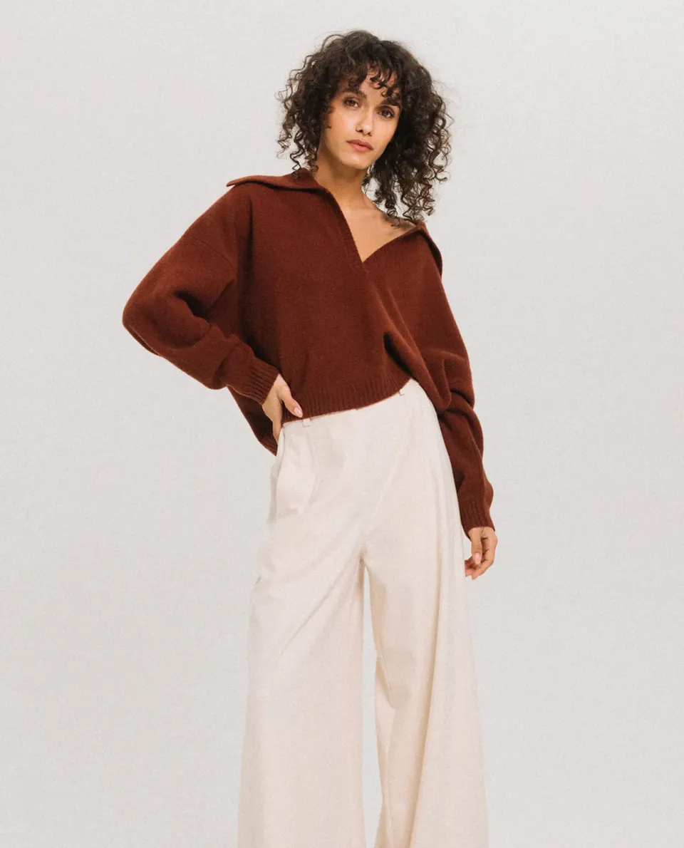 TINSELS FOOLS BROWN pull mérinos col vareuse