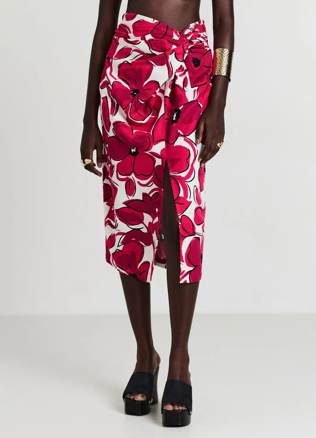 Calliope Jupe Midi à Nœud Fendue Motif Femme