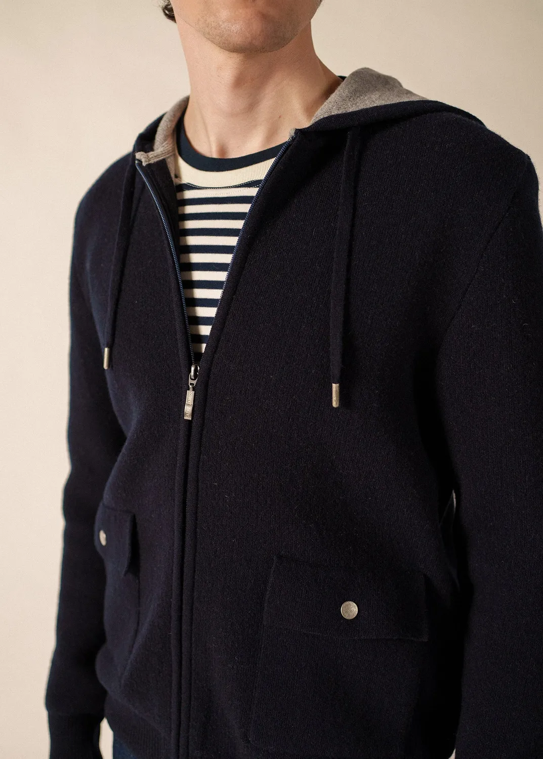 Saint James Oban gilet homme amiral gris laine capuche