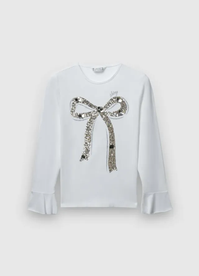 Calliope Fiocco Paillettes T-shirt fille manches longues nœud
