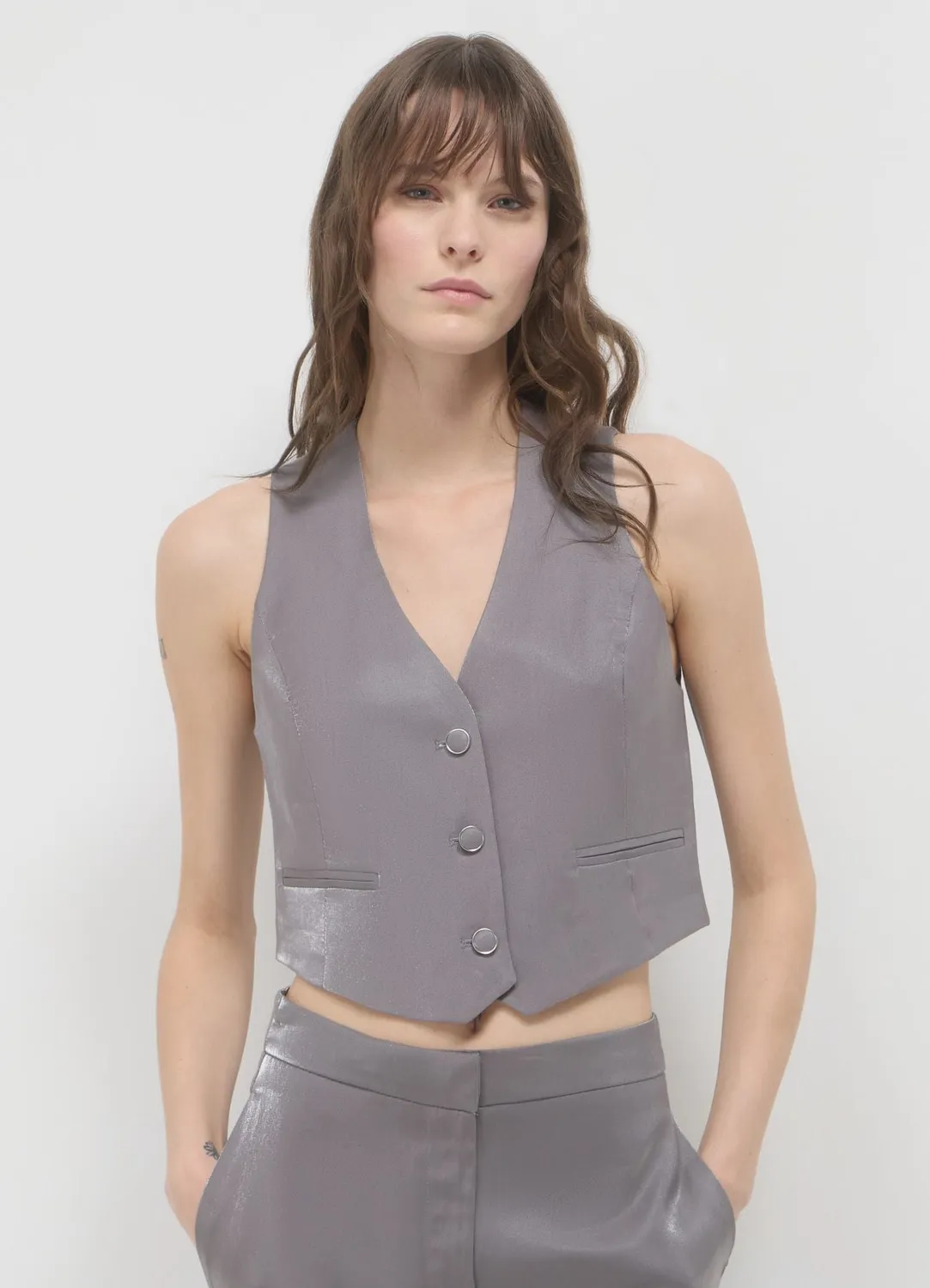 Calliope gilet col V femme tissu cangiante boutons